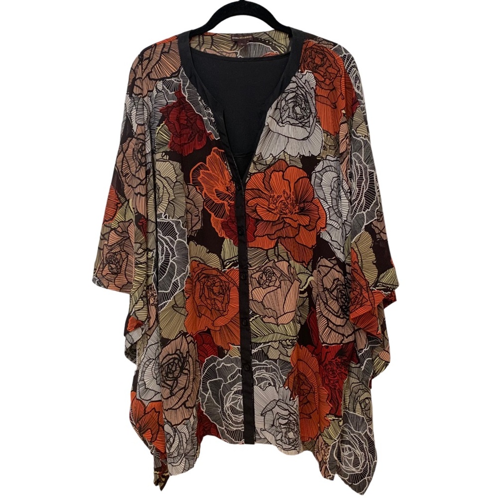 Dana Buchman Black & Red Floral Flowing Tunic Short Sleeves Sz XL